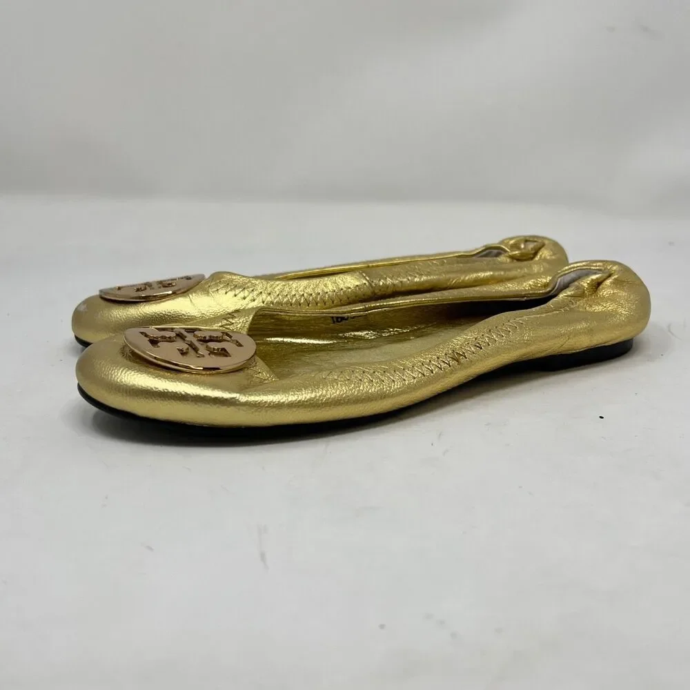TORY BURCH Reva Gold Leather Flat Ballet Ballerina Shoes with T-Logo Women's 8.5